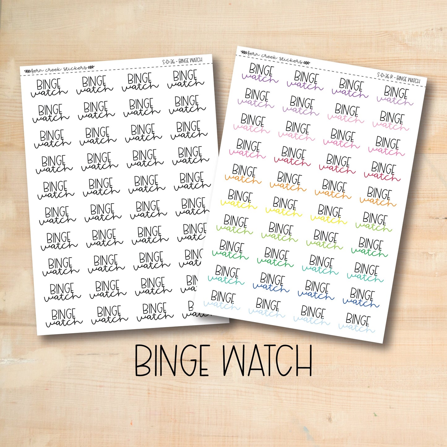 two stickers with the words binge watch on them