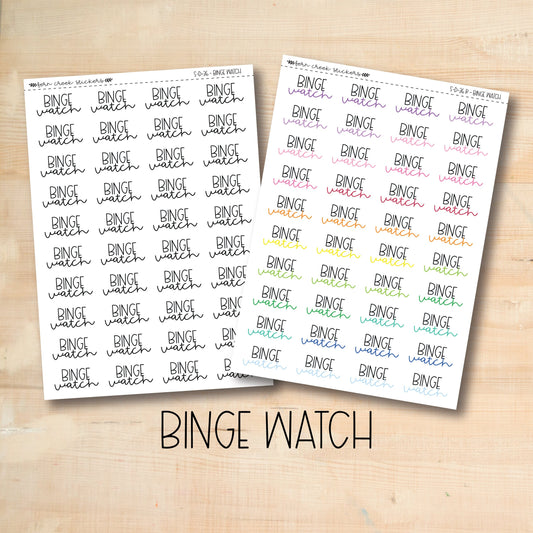 two stickers with the words binge watch on them