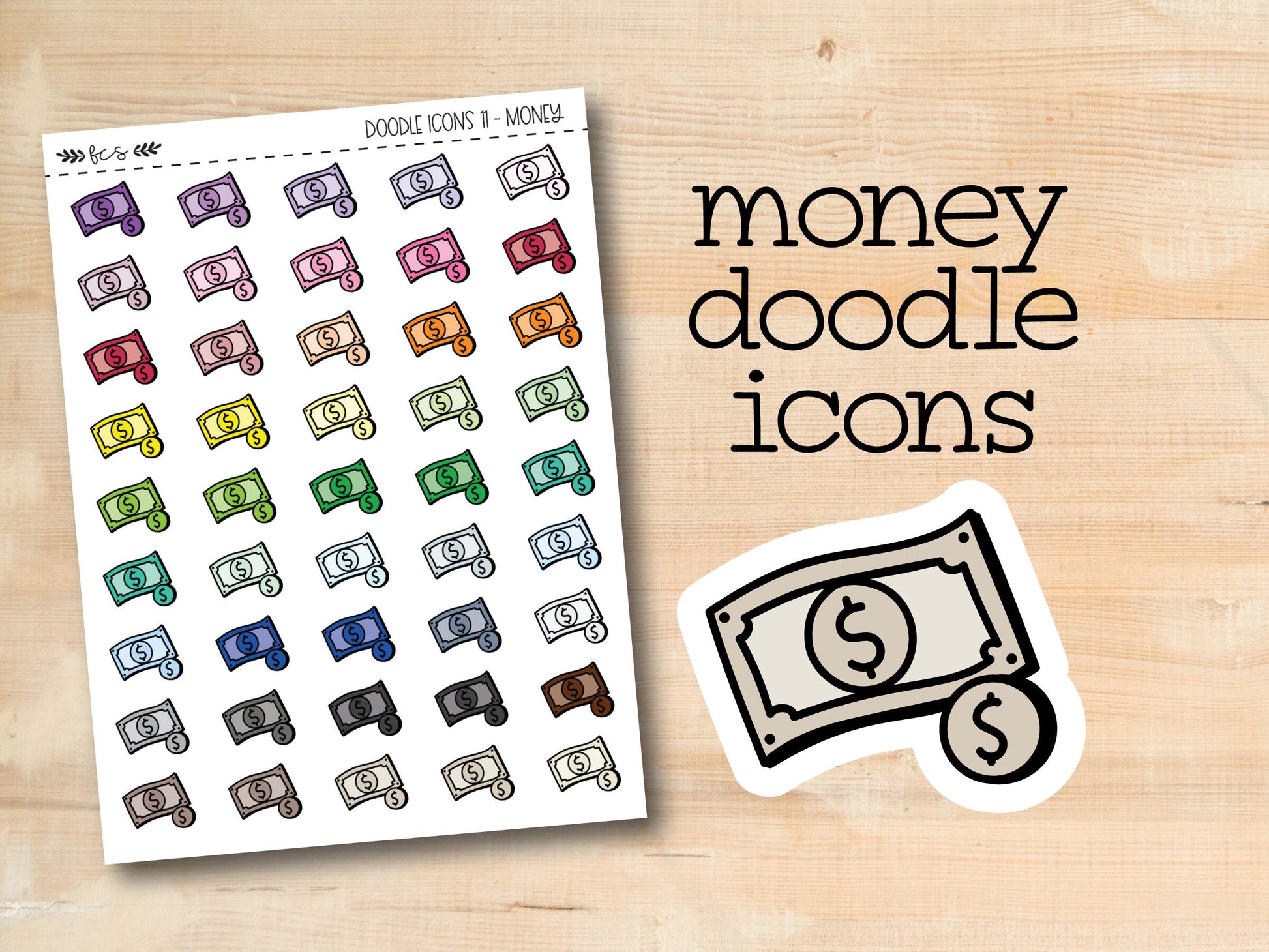 a sticker of money with the words money doodle icons
