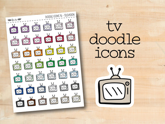 a sticker of a tv with the words tv doodle icons
