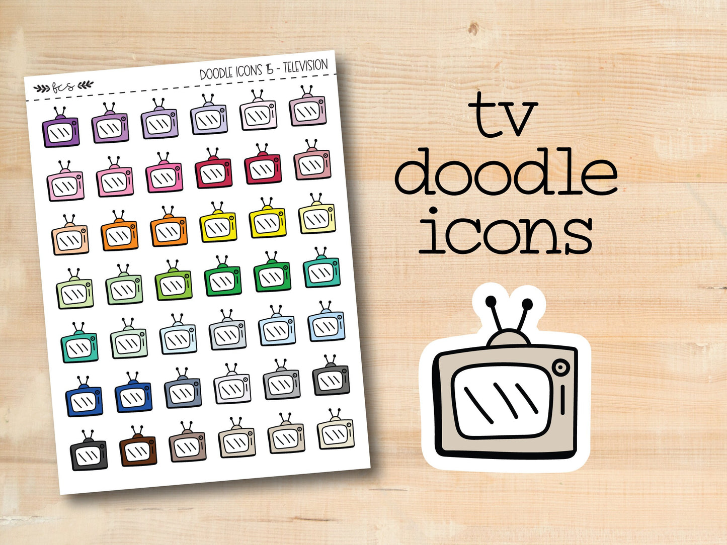 a sticker of a tv with the words tv doodle icons