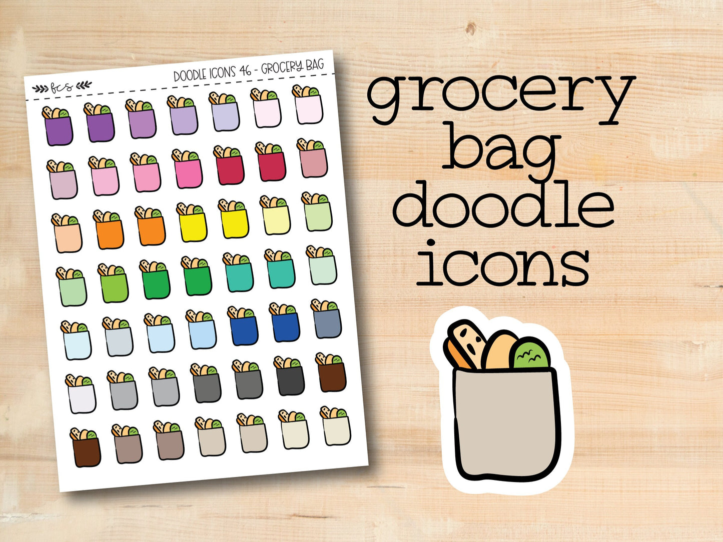 the grocery bag doodle icons are shown next to a sticker