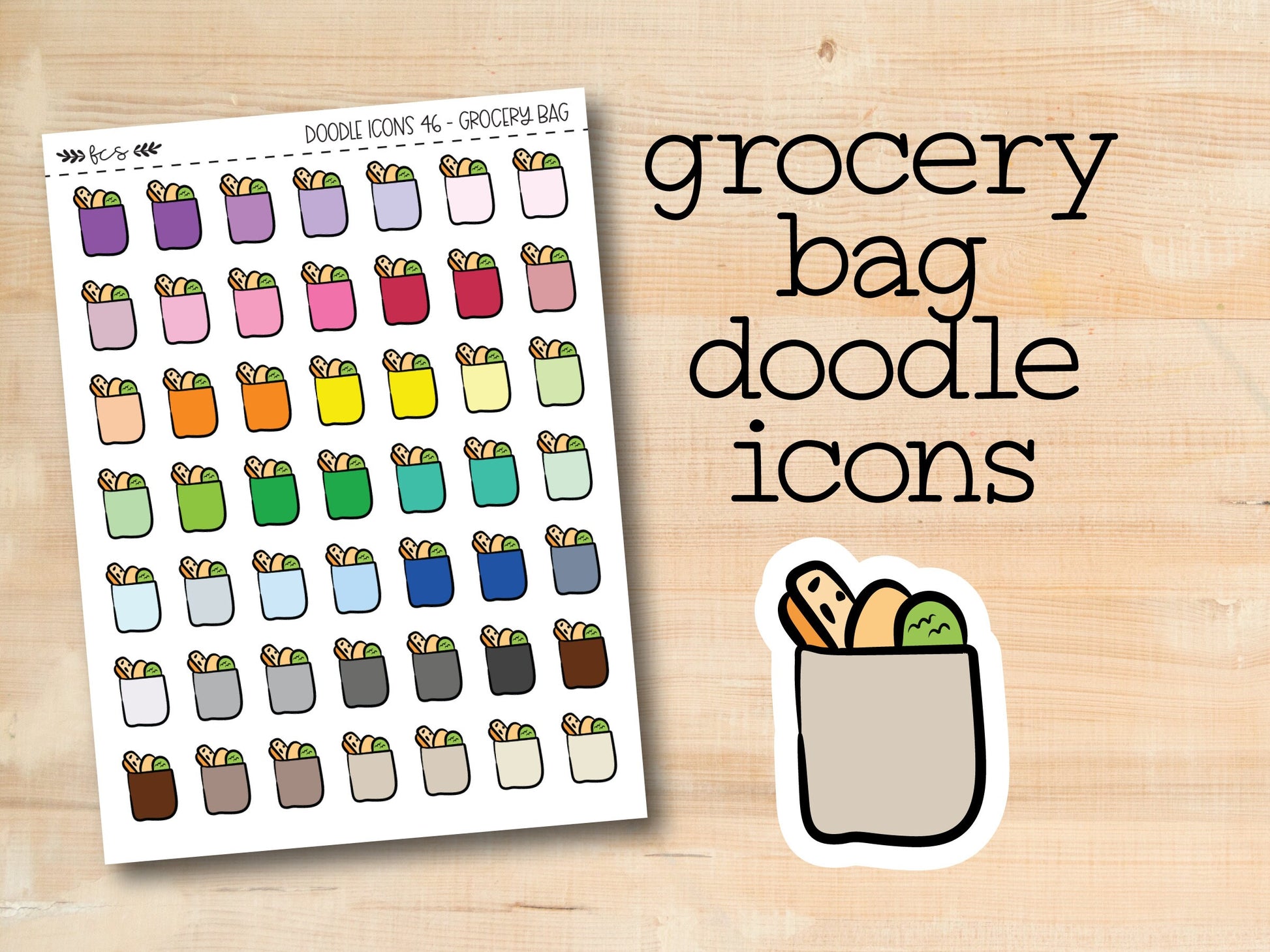 the grocery bag doodle icons are shown next to a sticker