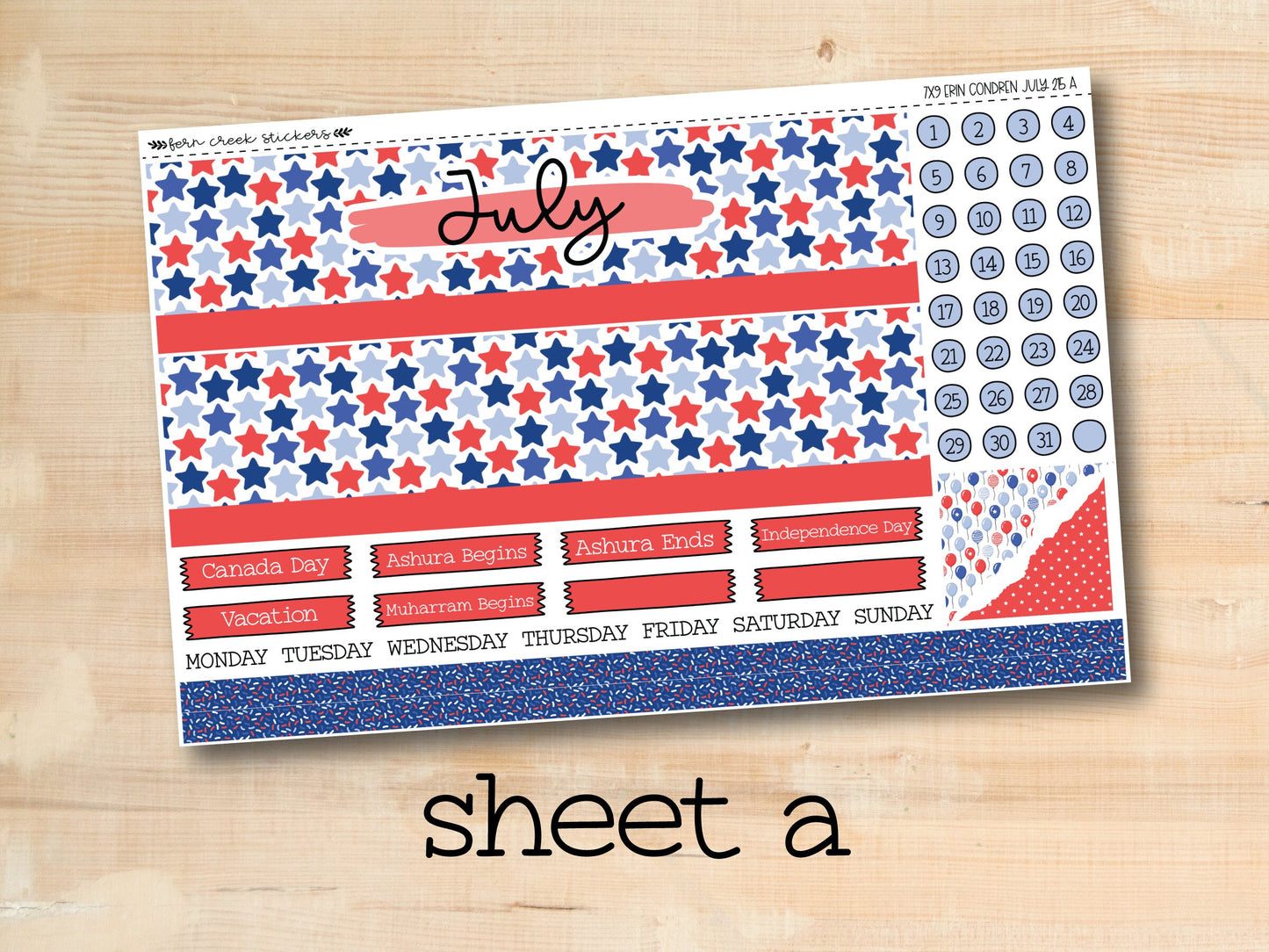 EC 7x9 215 || STARS & STRIPES July 7x9 Erin Condren monthly planner kit