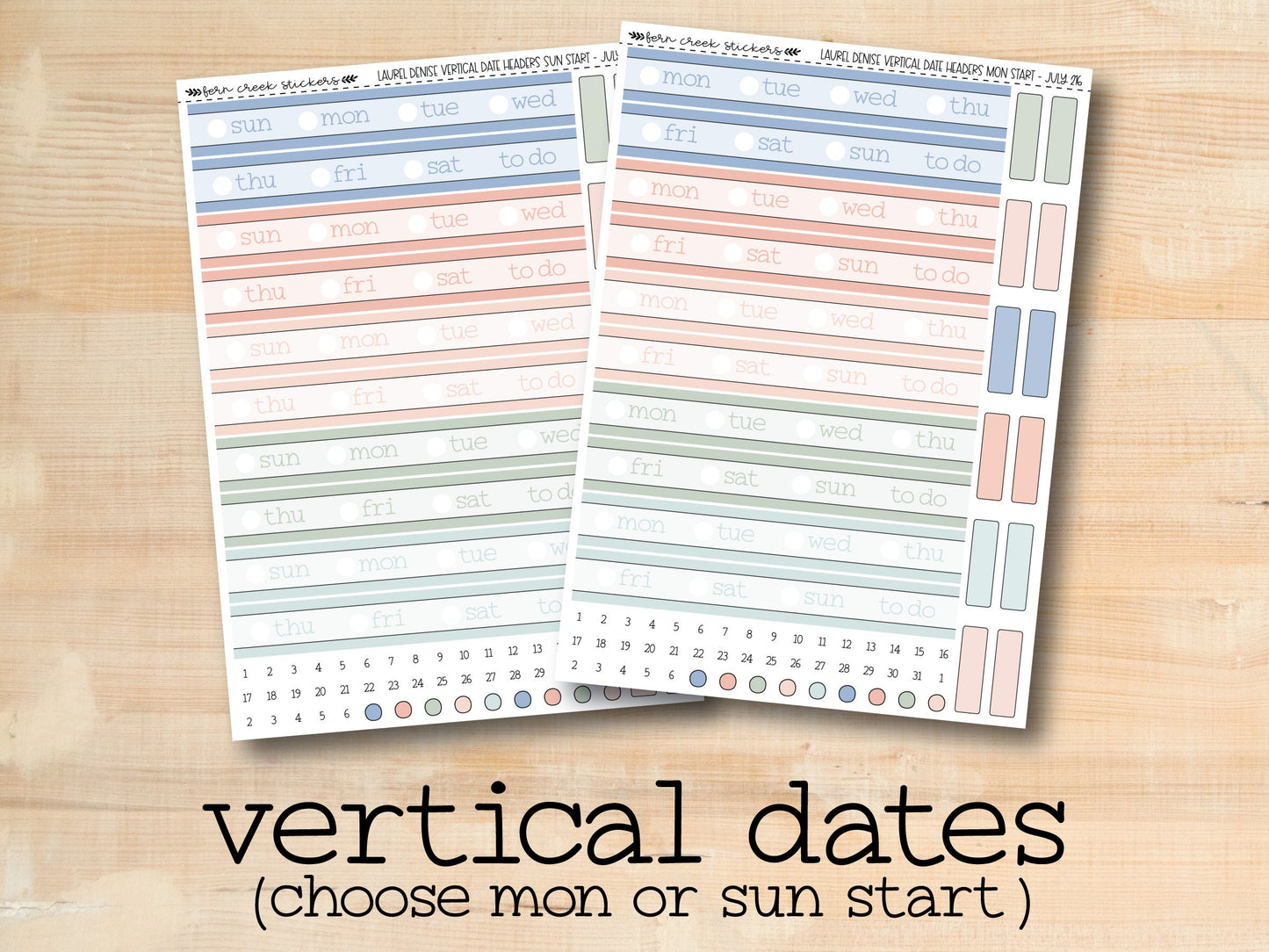 a pair of vertical date sheets on a wooden surface