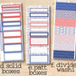 a set of three red, white and blue stickers