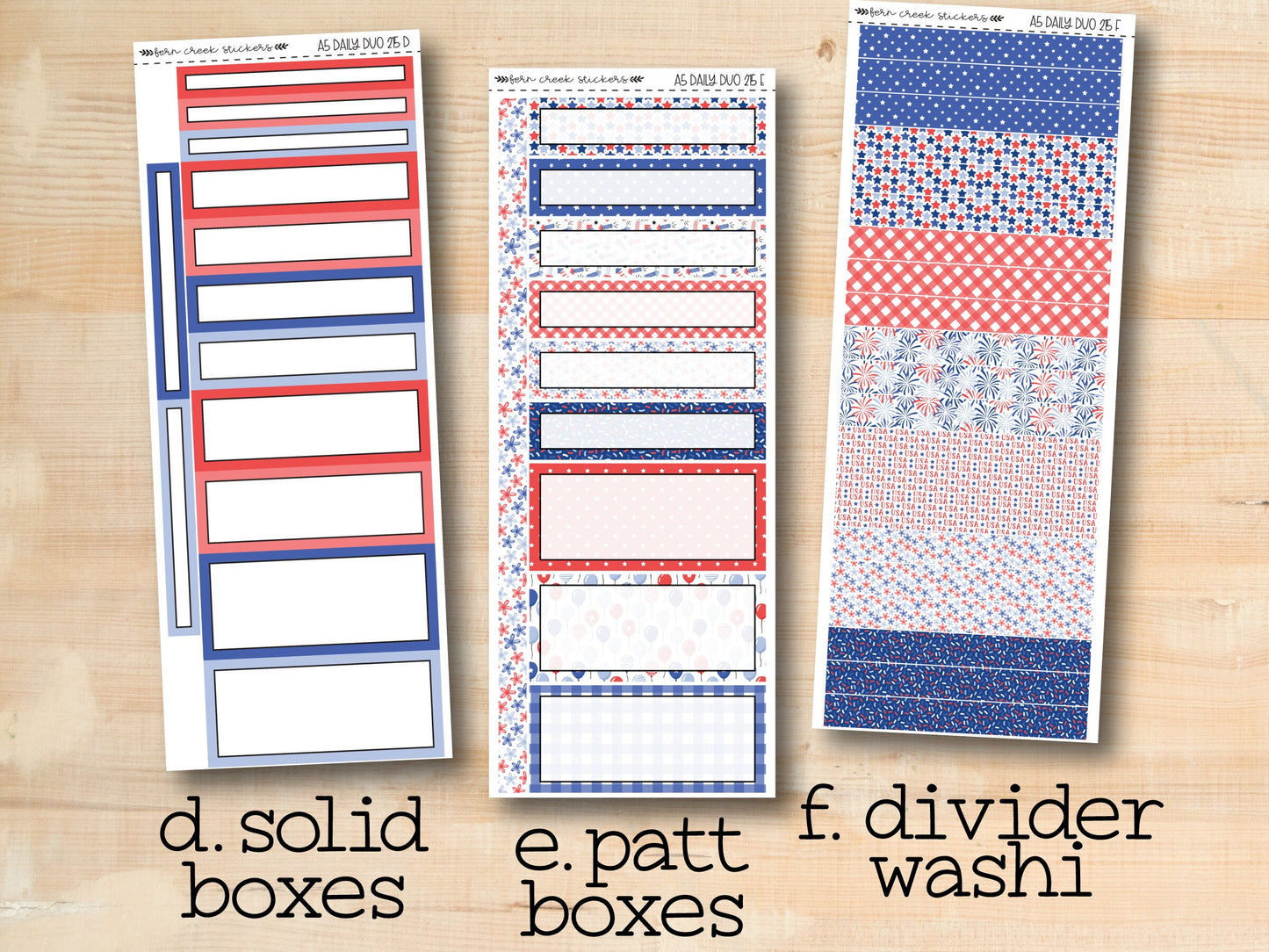 a set of three red, white and blue stickers