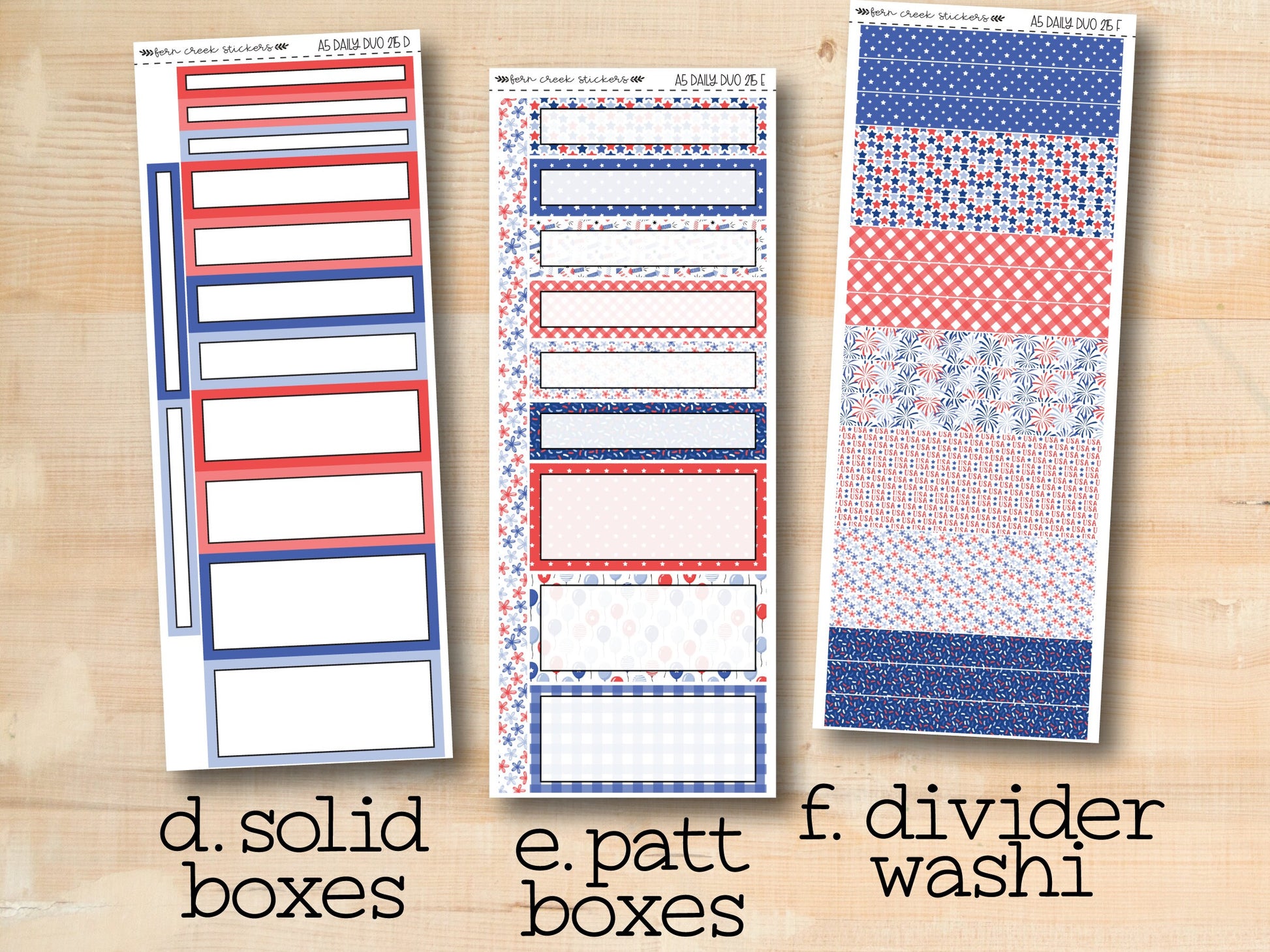 a set of three red, white and blue stickers