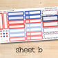 a sticker sheet with a red, white, and blue pattern