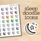 a sheet of stickers with the words sleep doodle icons