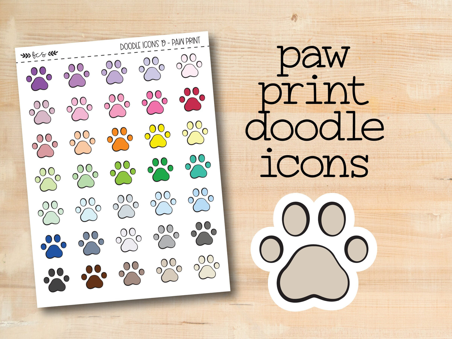 paw print doodle icons on a wooden background