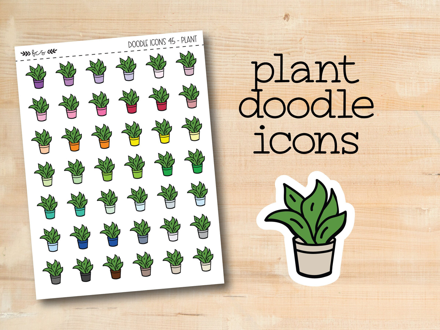 a sticker of a potted plant with the words plant doodle icons