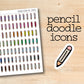 a pencil doodle sticker next to a wooden background