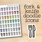 fork and knife doodle icons on a wooden background