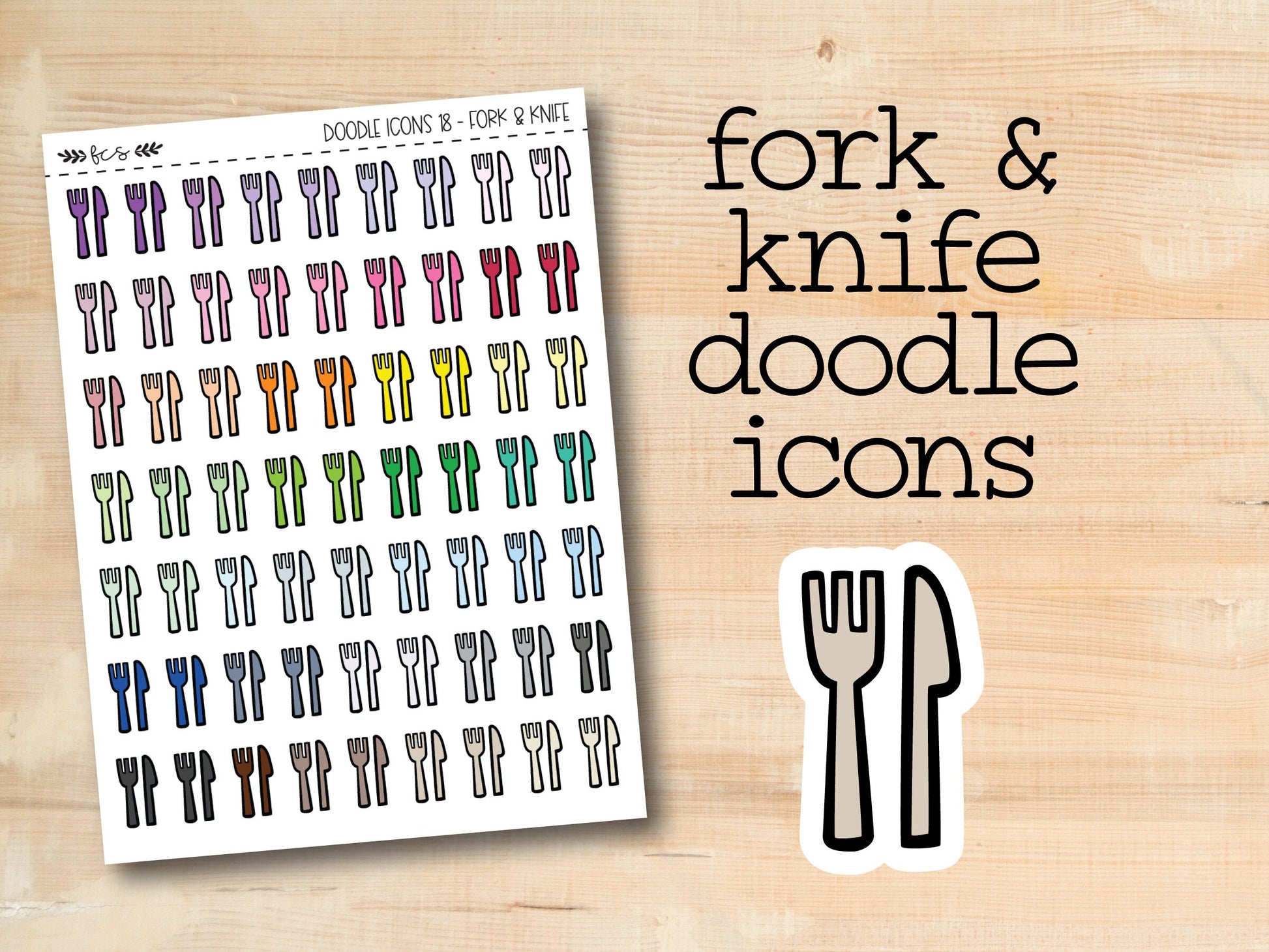 fork and knife doodle icons on a wooden background