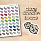 dice doodle icons on a wooden surface