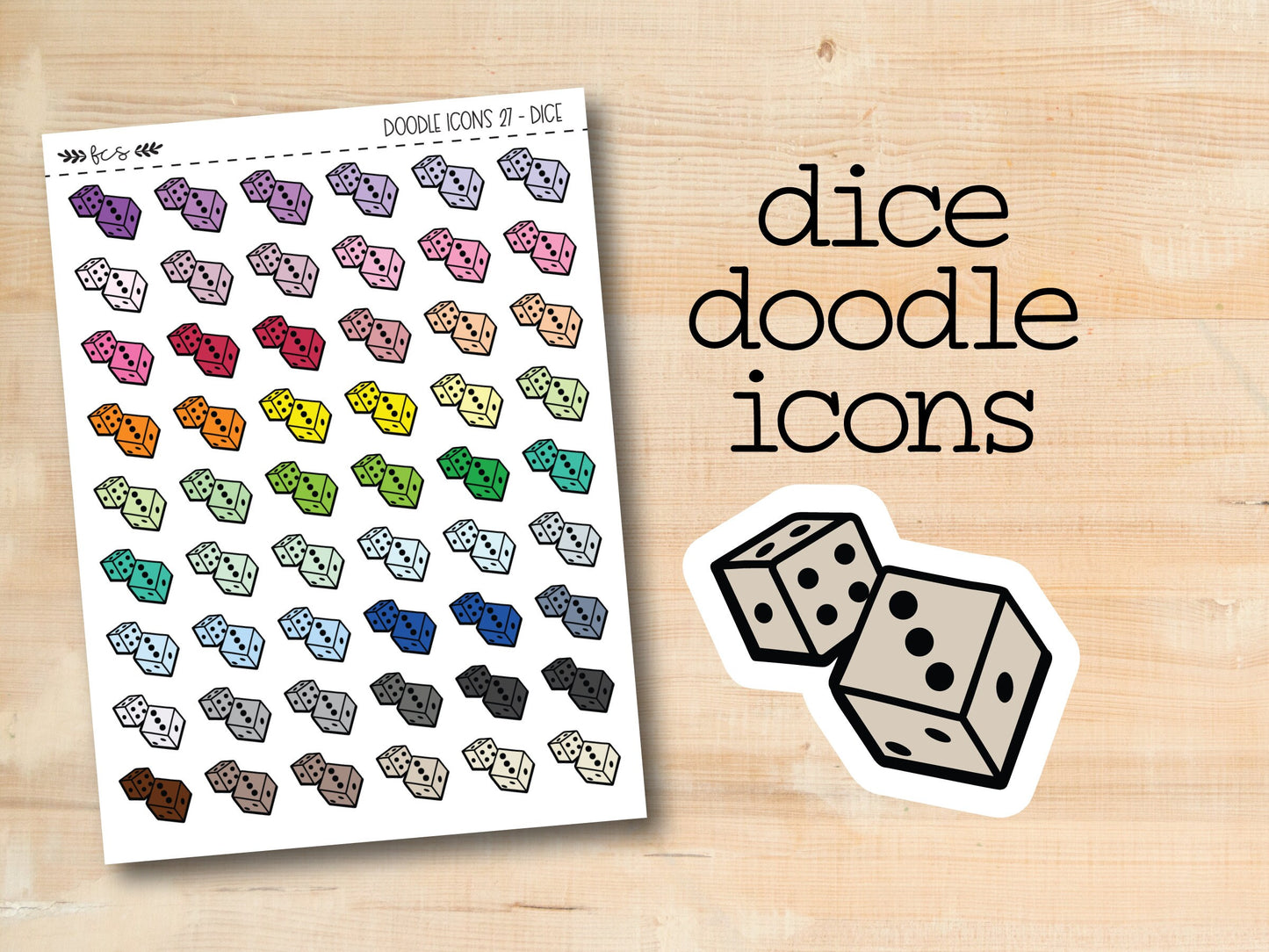 dice doodle icons on a wooden surface