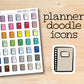 a planner doodle icons sticker next to a wooden background