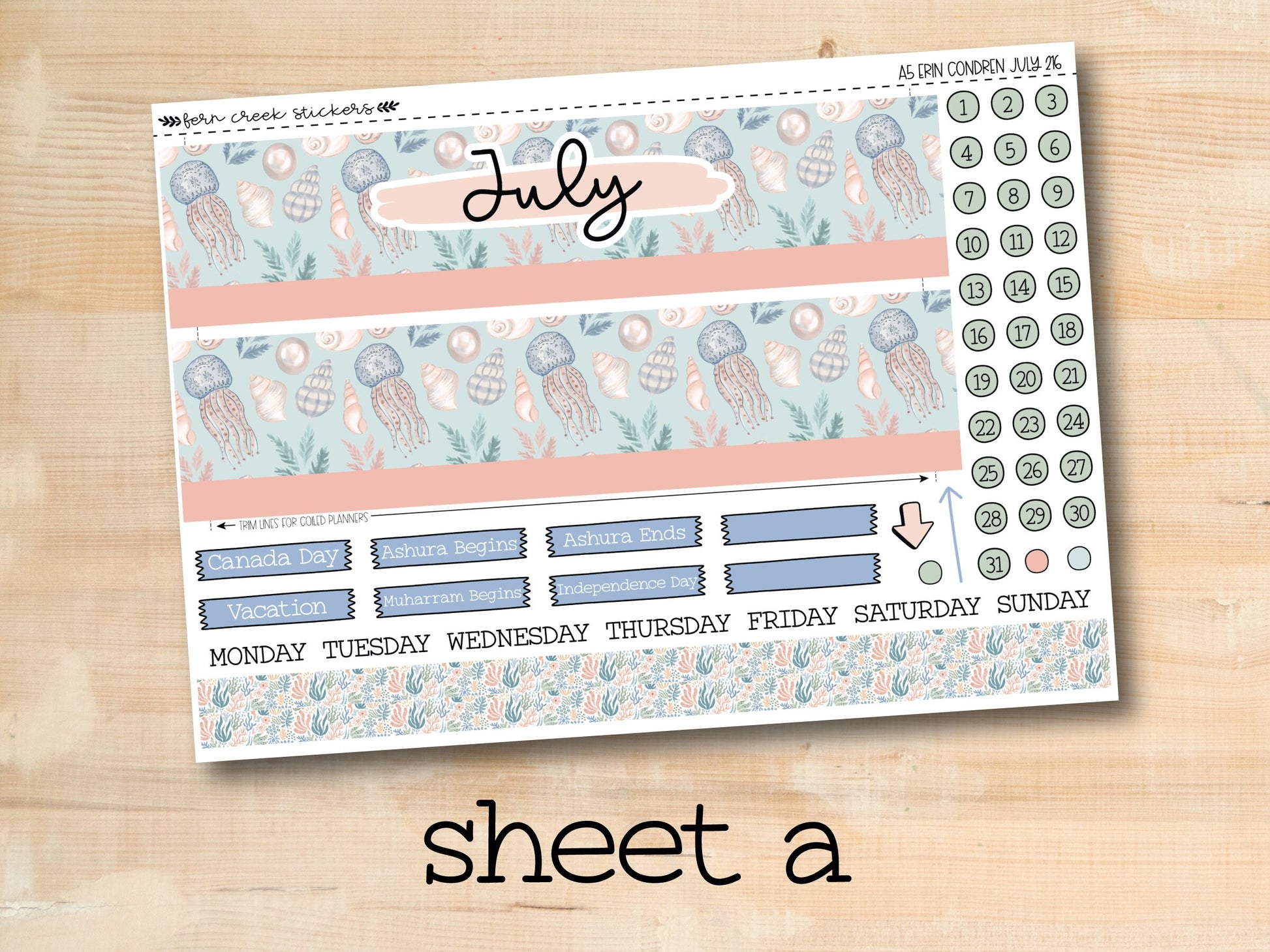 a sheet of stickers with the words july on it