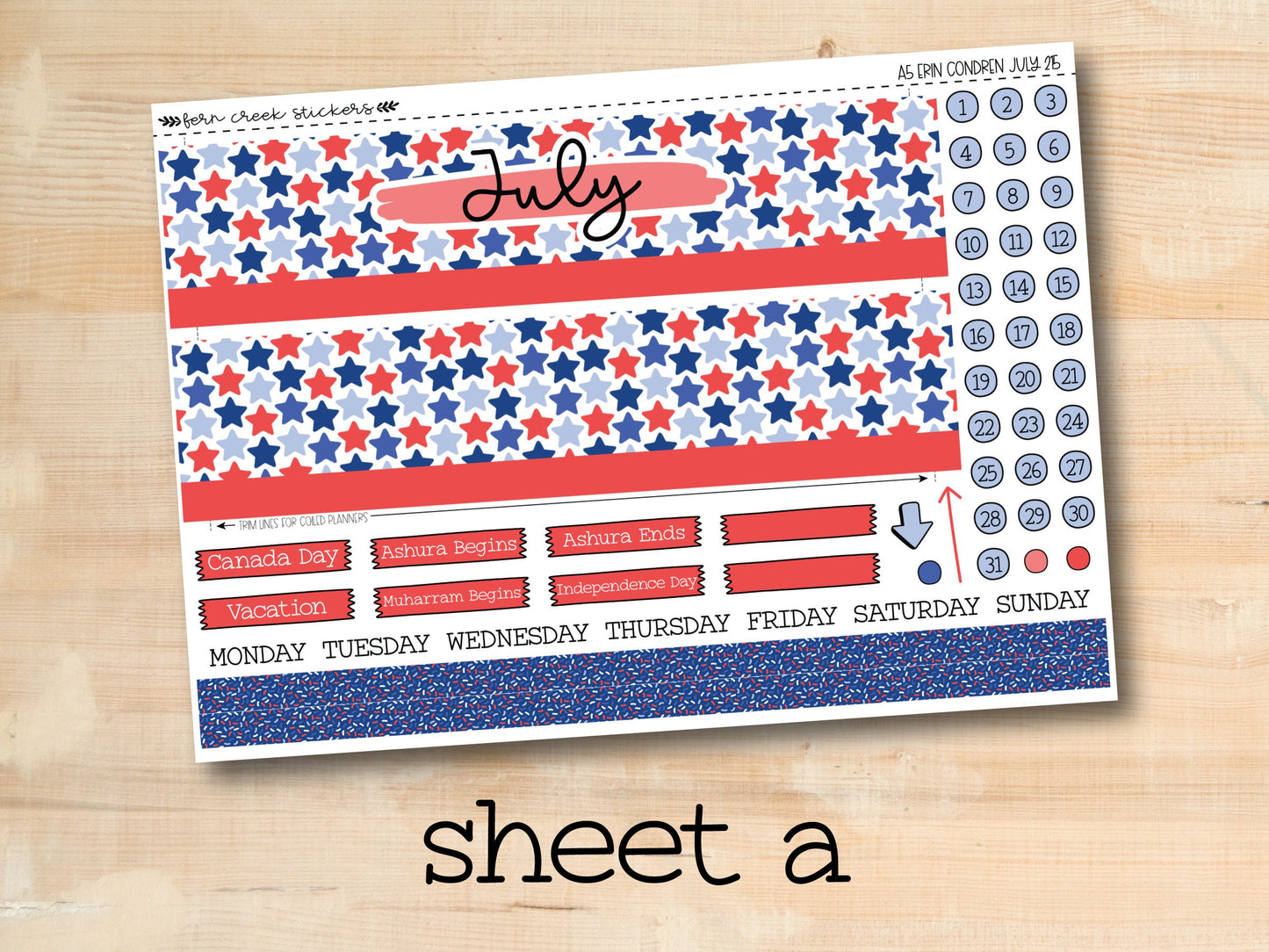 a sheet of paper with the word july on it