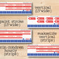 three red, white and blue stickers on a wooden surface