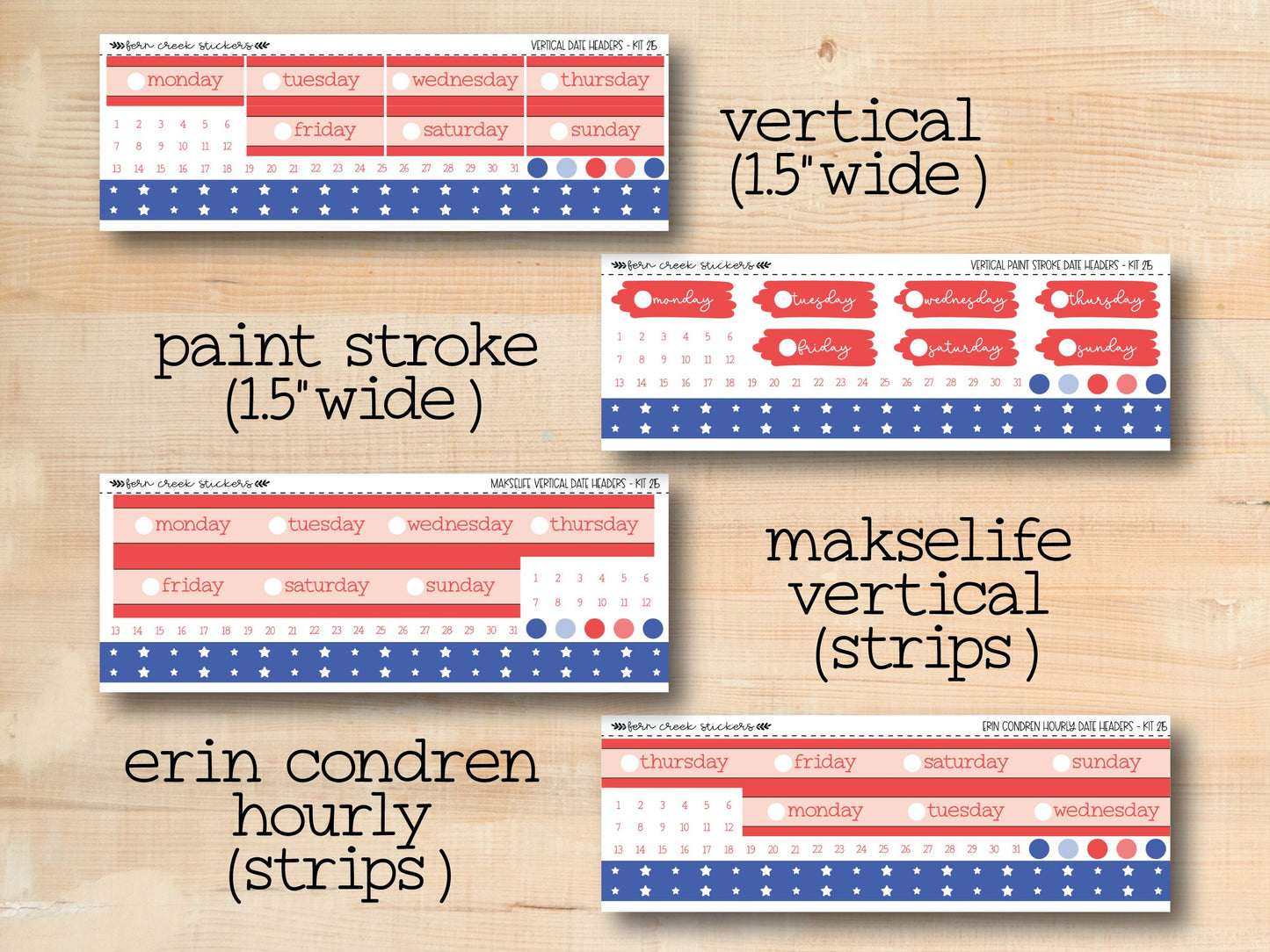 three red, white and blue stickers on a wooden surface