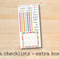 a checklist and extra box with a wooden background