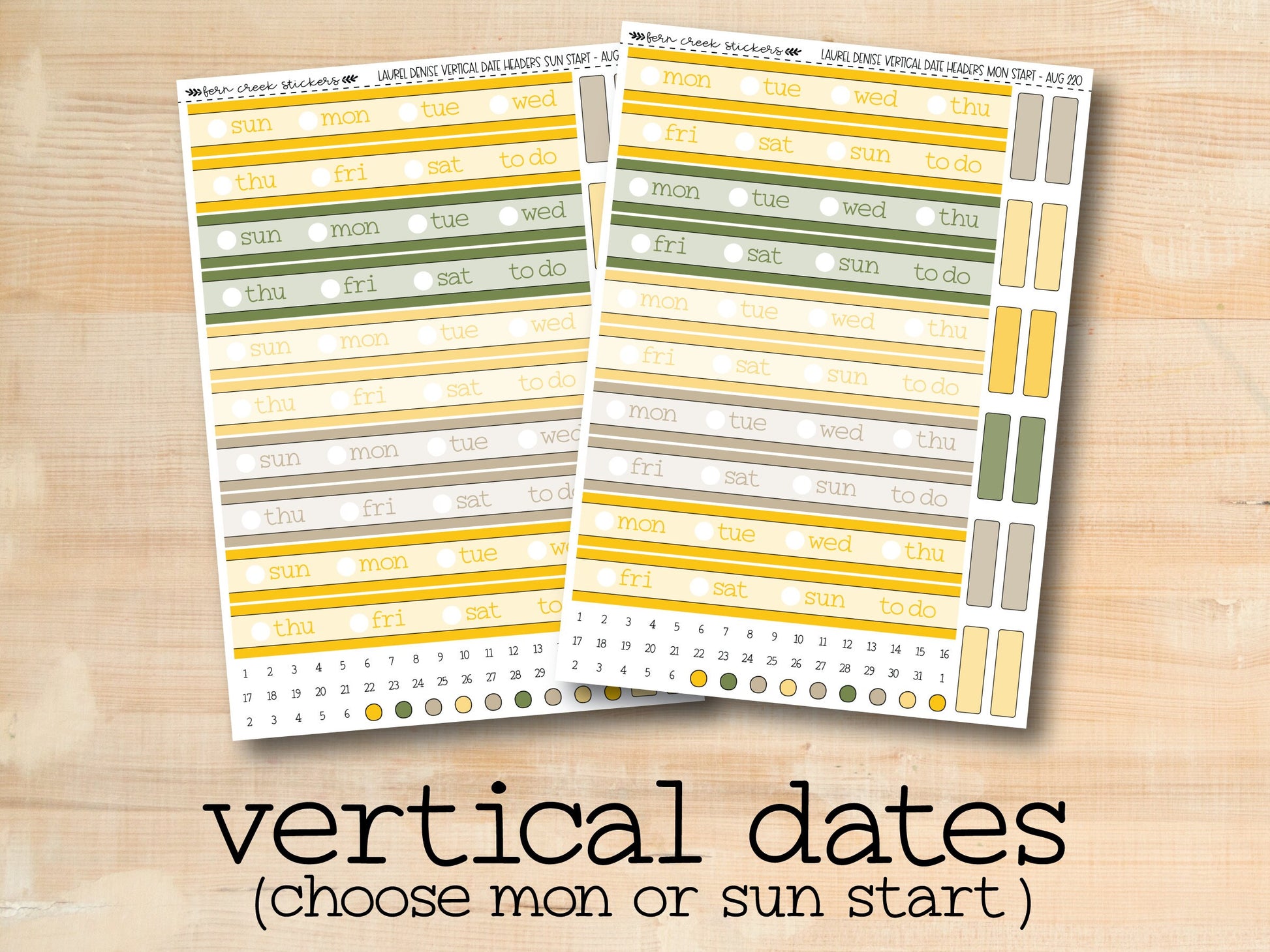 two yellow and green vertical date sheets on a wooden background