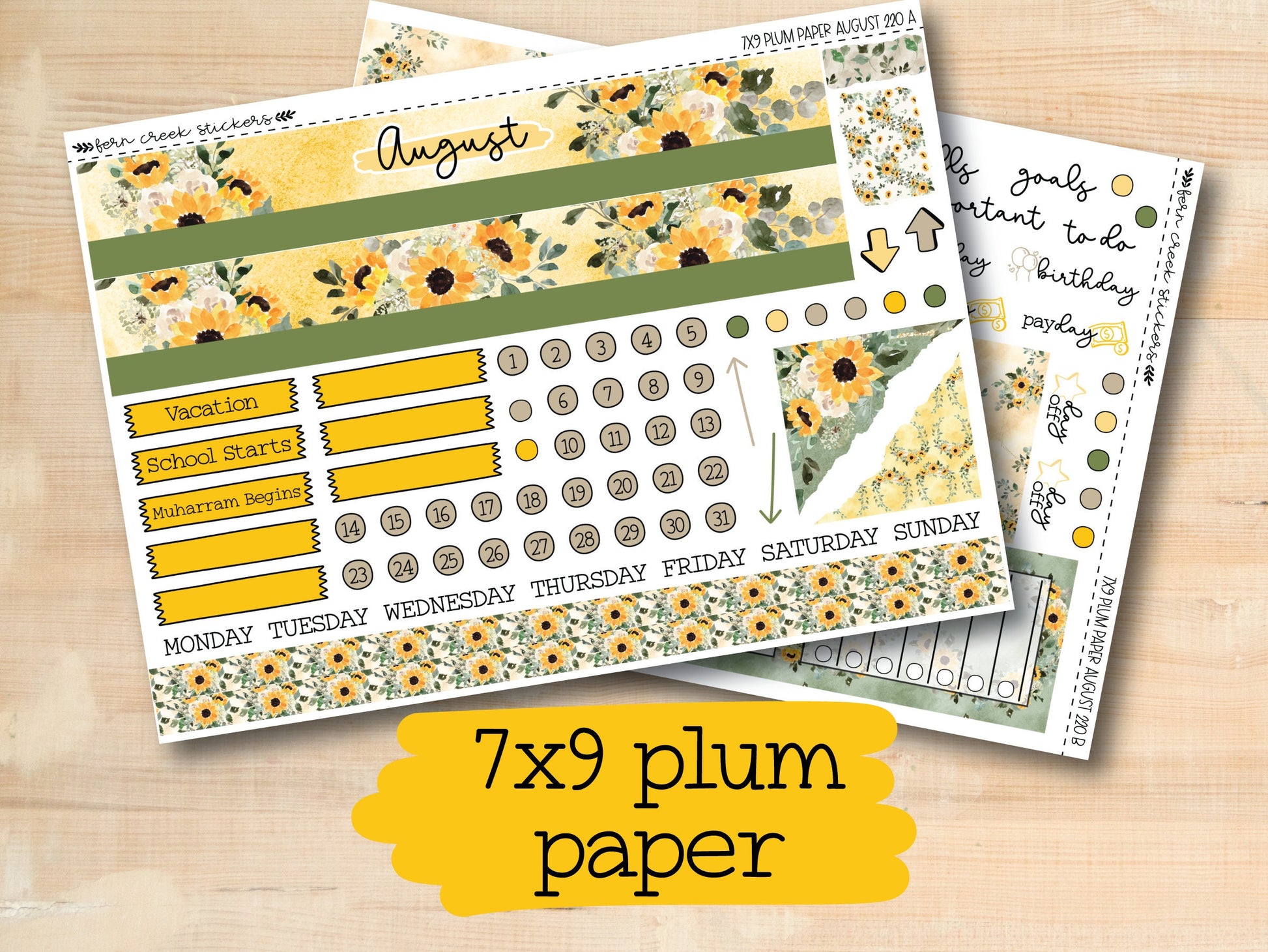 a yellow and green floral planner sticker with the words, 7x9 plum