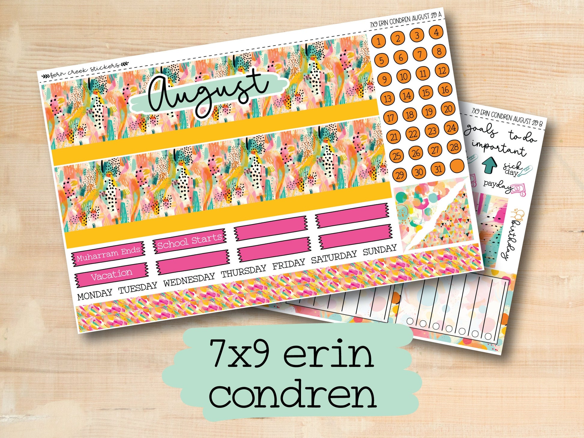 two planner stickers with the words, 7x9, and a photo of