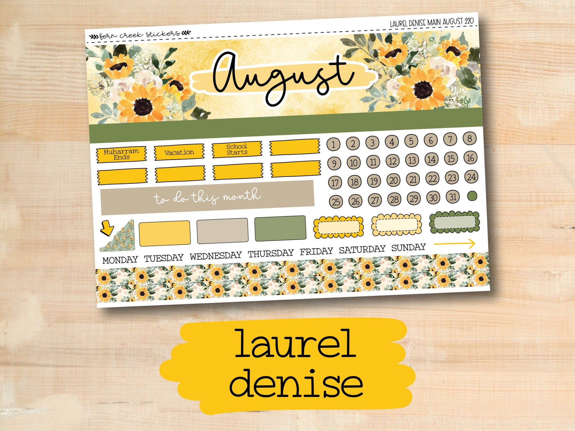 a yellow and green planner sticker on a wooden surface