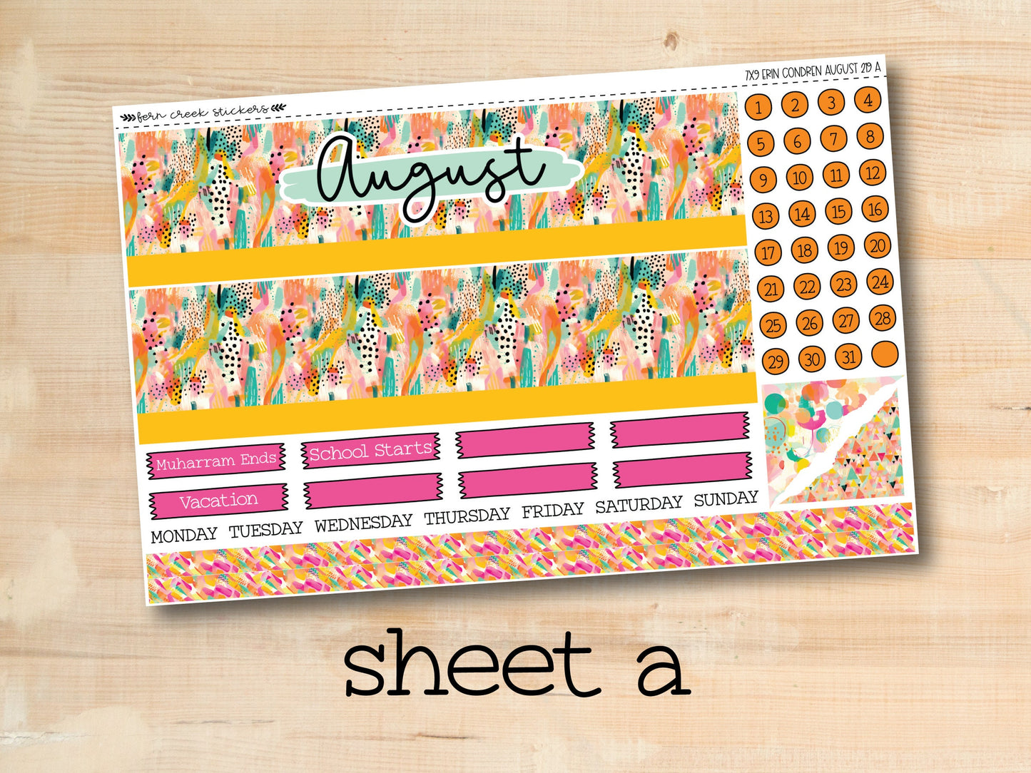 a colorful planner sticker with the words august on it