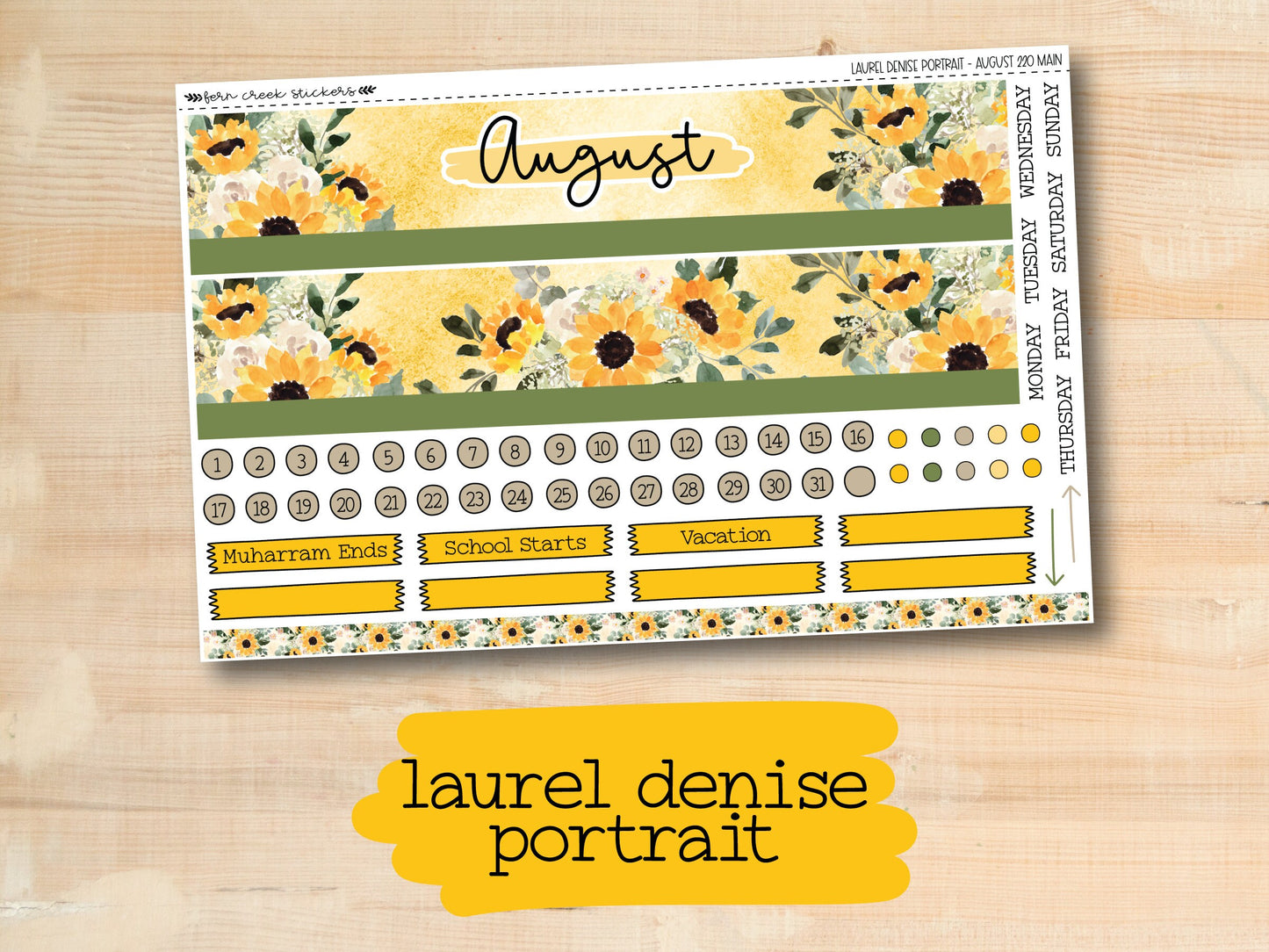 a yellow floral planner sticker on a wooden surface