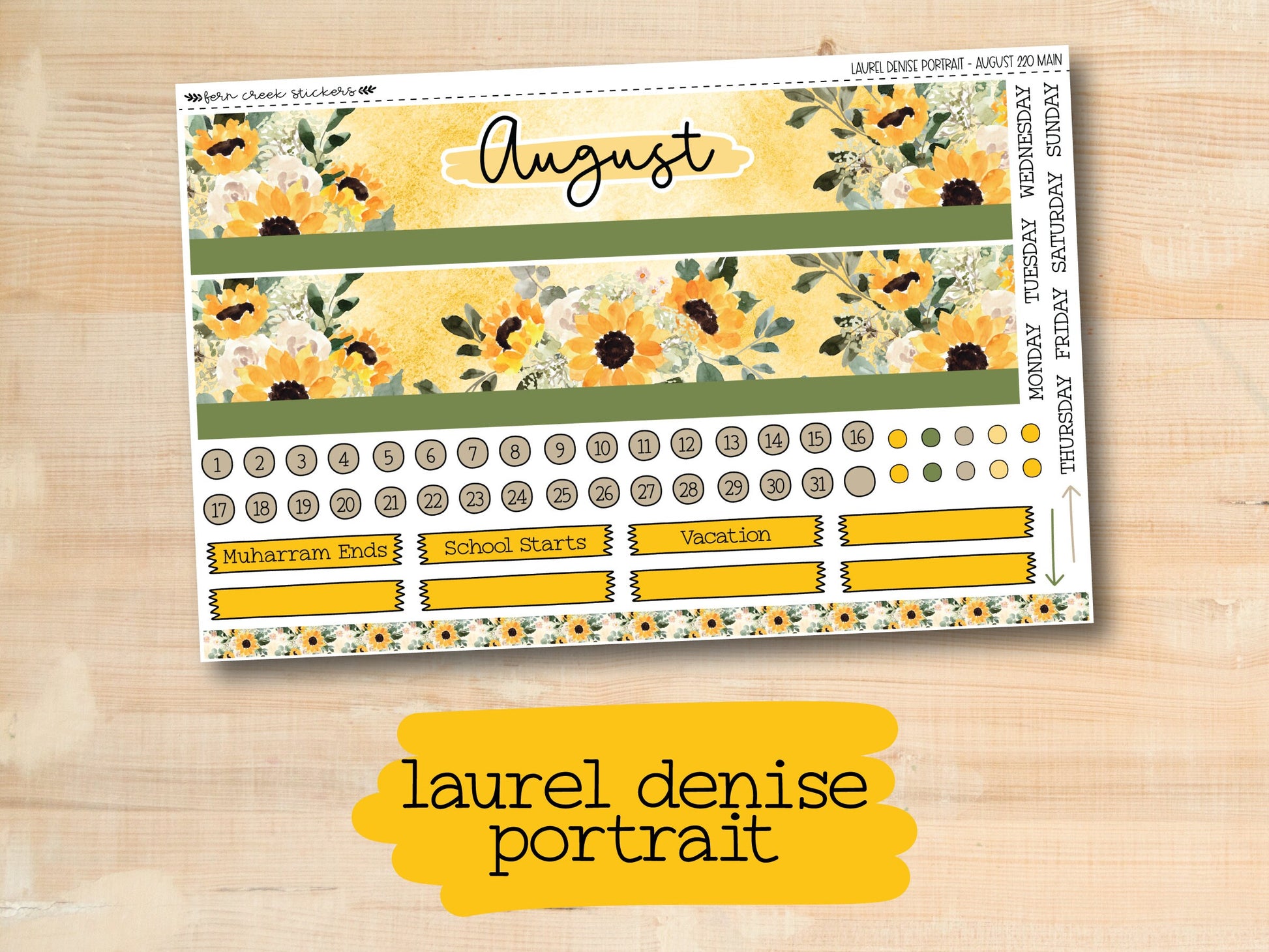 a yellow floral planner sticker on a wooden surface