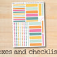 a close up of a sticker with the words boxes and checklists on it