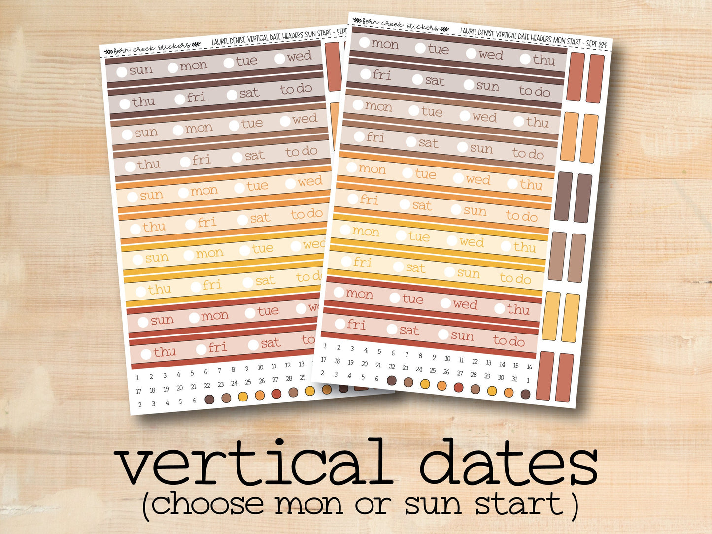 two stickers of vertical dates on a wooden surface