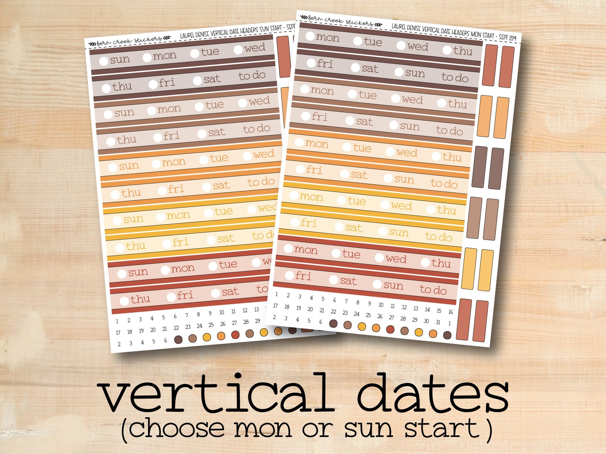 two stickers of vertical dates on a wooden surface