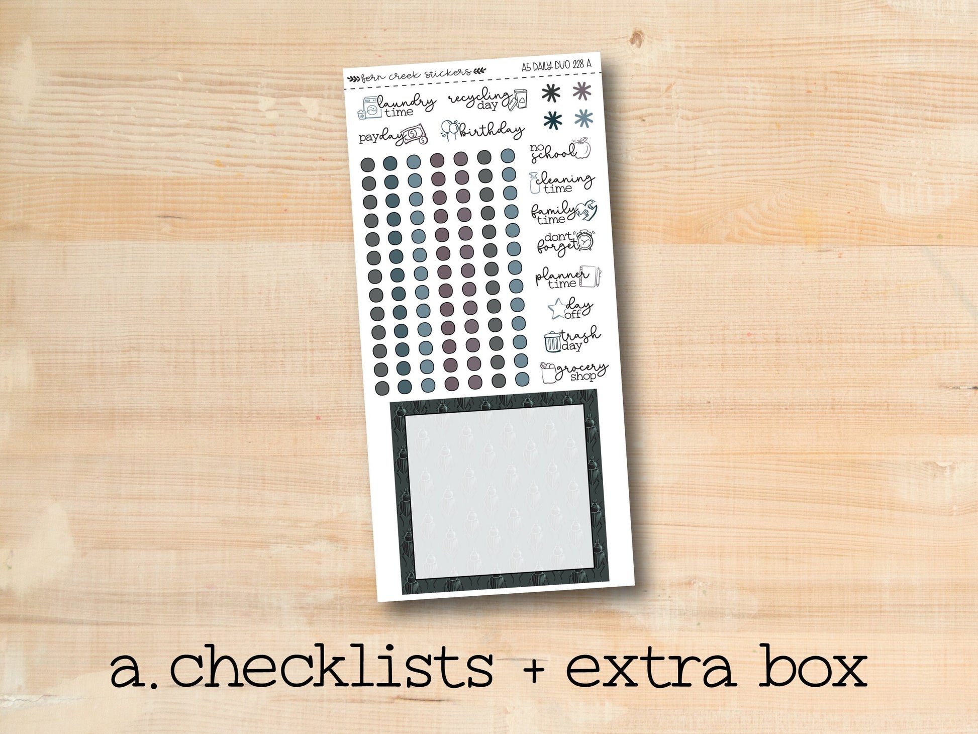 a checklist and extra box with a wooden background