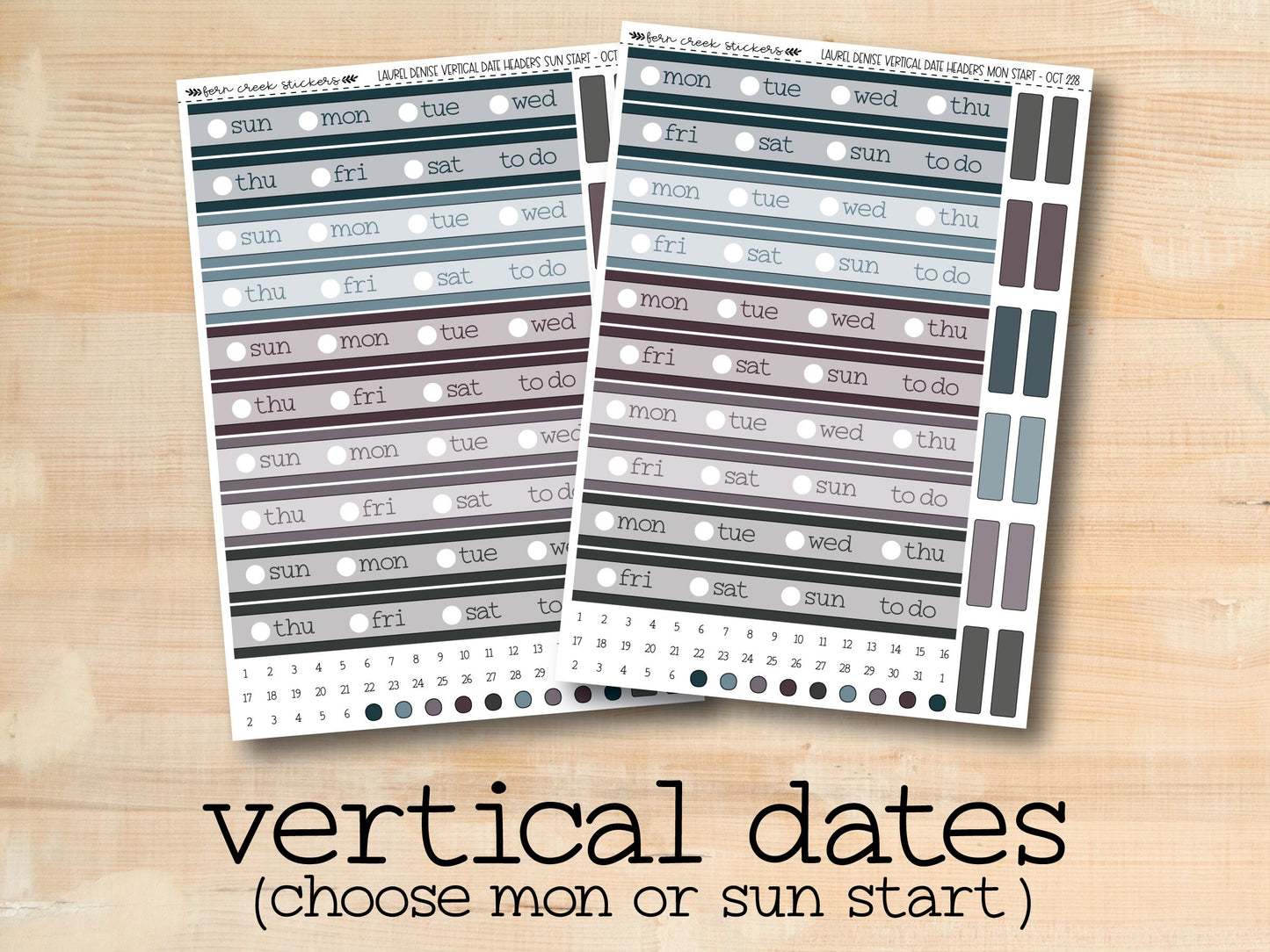 a pair of vertical date stickers on a wooden surface