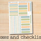 a close up of a sticker with the words boxes and checklists on it