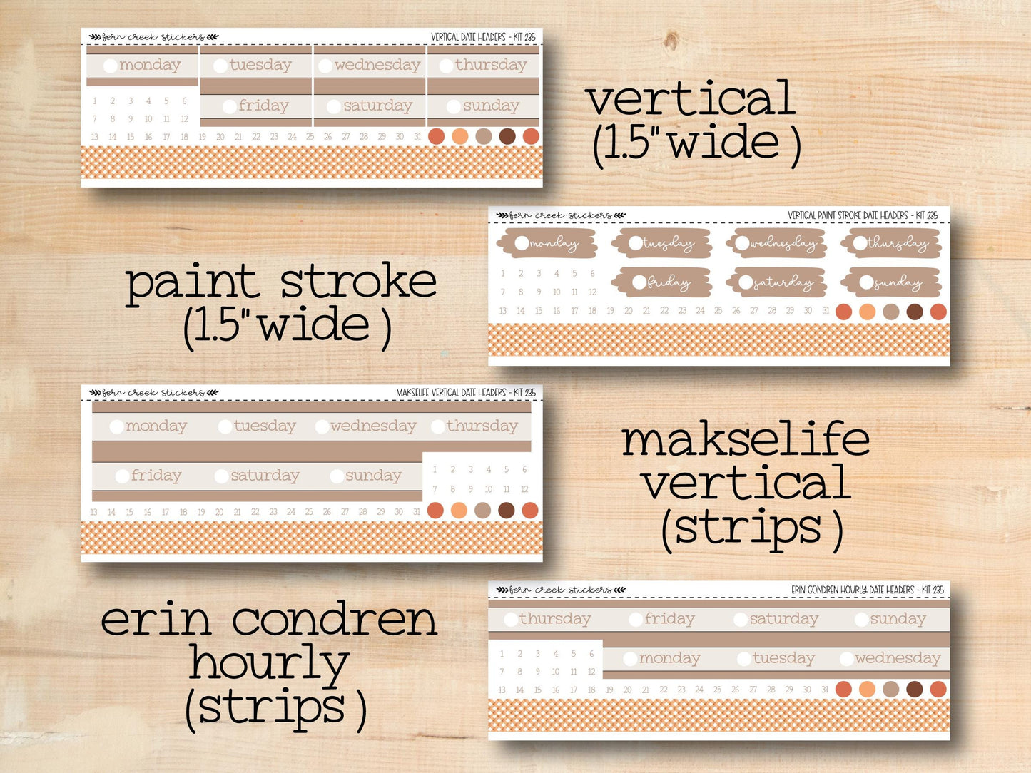 a wooden table topped with three different types of stickers