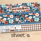 a wooden table topped with a blue and orange flowered calendar