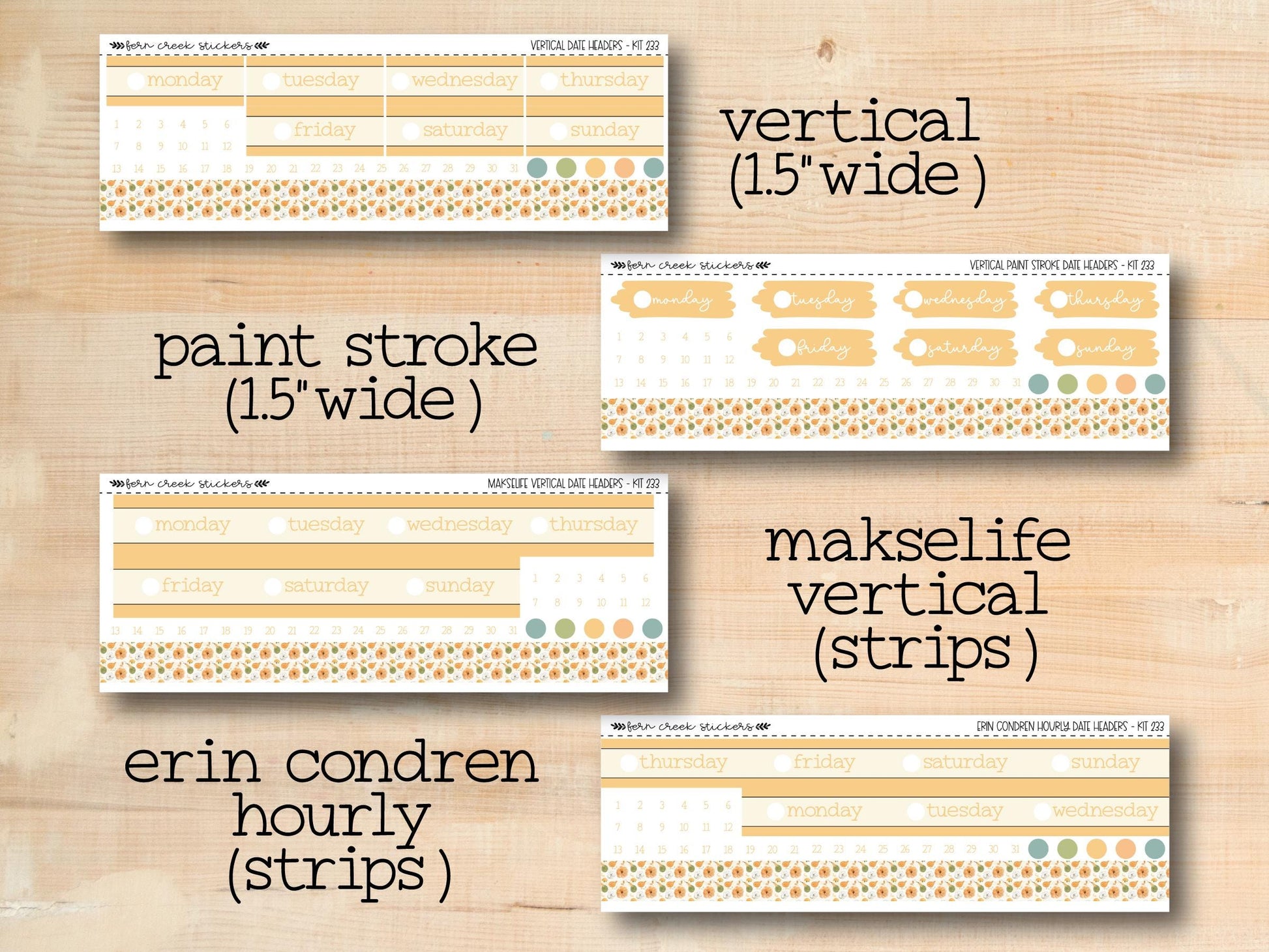 three different types of stickers on a wooden surface