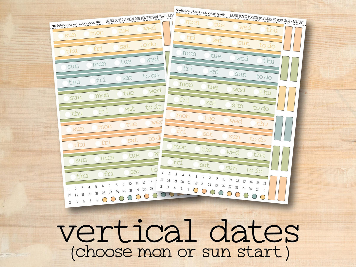 a pair of vertical date sheets on a wooden surface