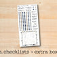 a checklist and extra box of stickers on a wooden surface