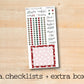 a checklist and extra box with a wooden background