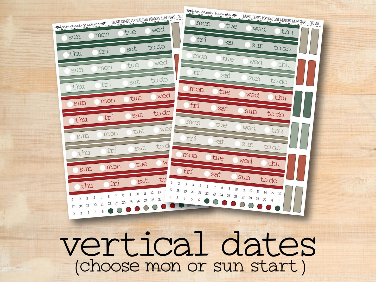 a pair of vertical date cards with a red and green stripe