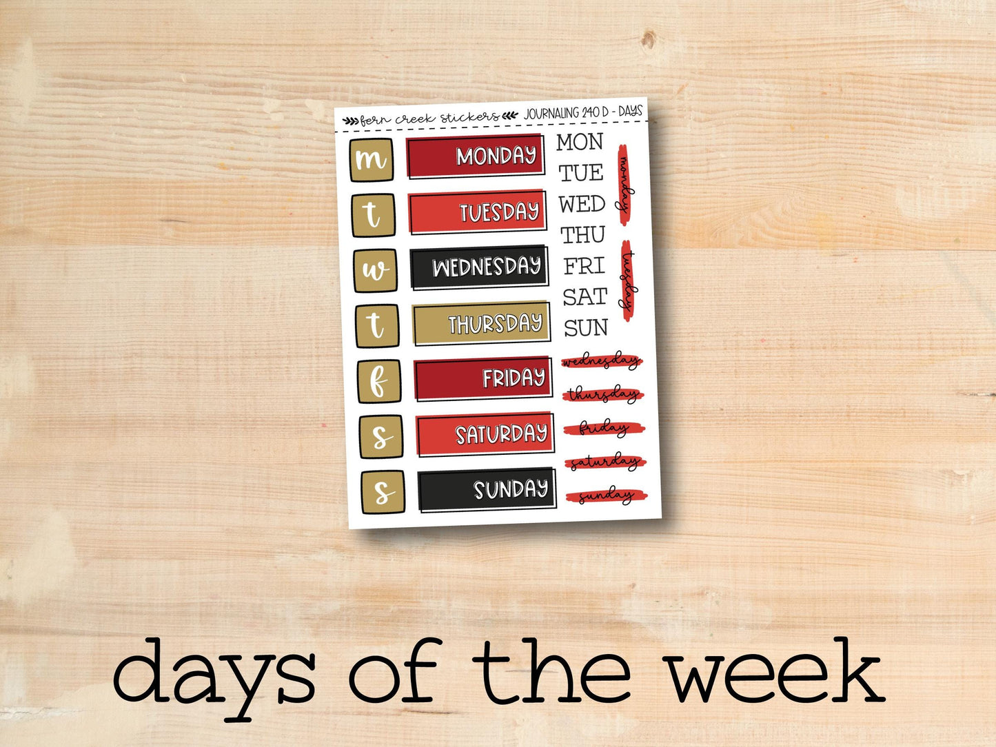 a sticker with the words days of the week written on it