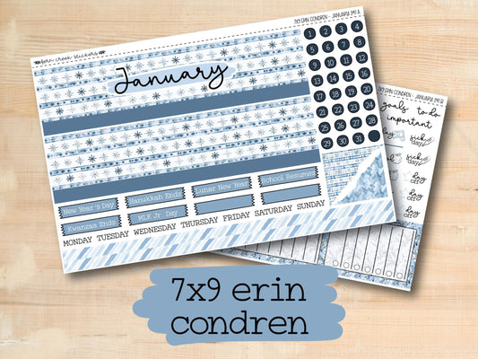 a blue and white planner sticker next to a wooden table