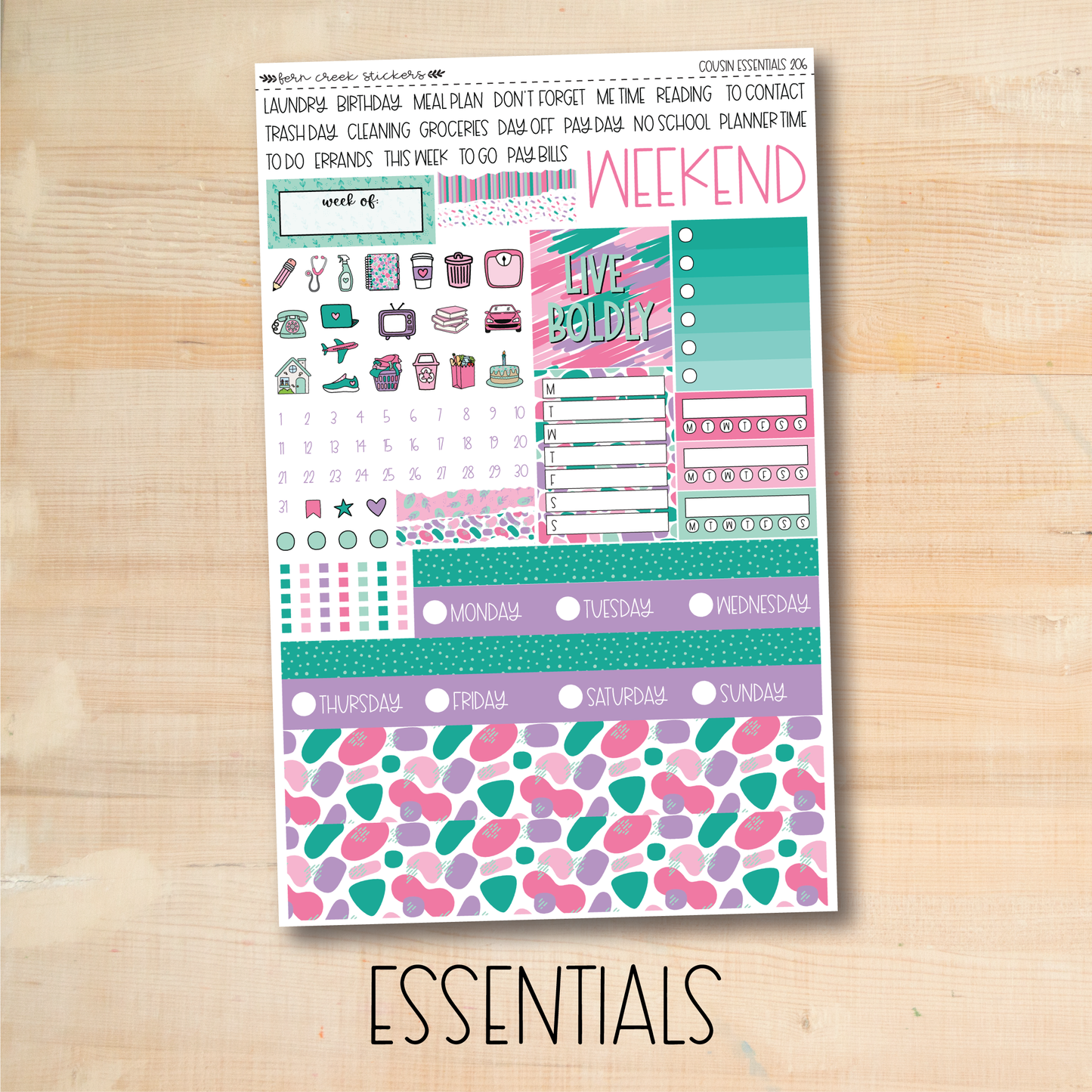 a sticker sheet with the words essentials on it